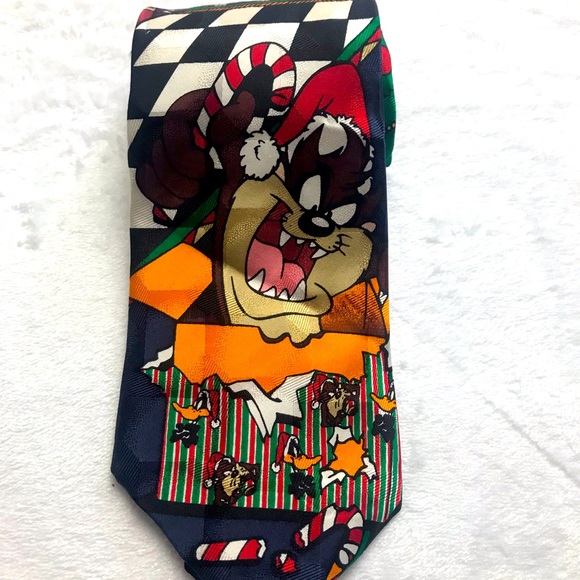 VTG Looney Tunes Mania Christmas Holiday Tie Taz Tweety Bird Bugs Bunny  *Flaw - Picture 1 of 12